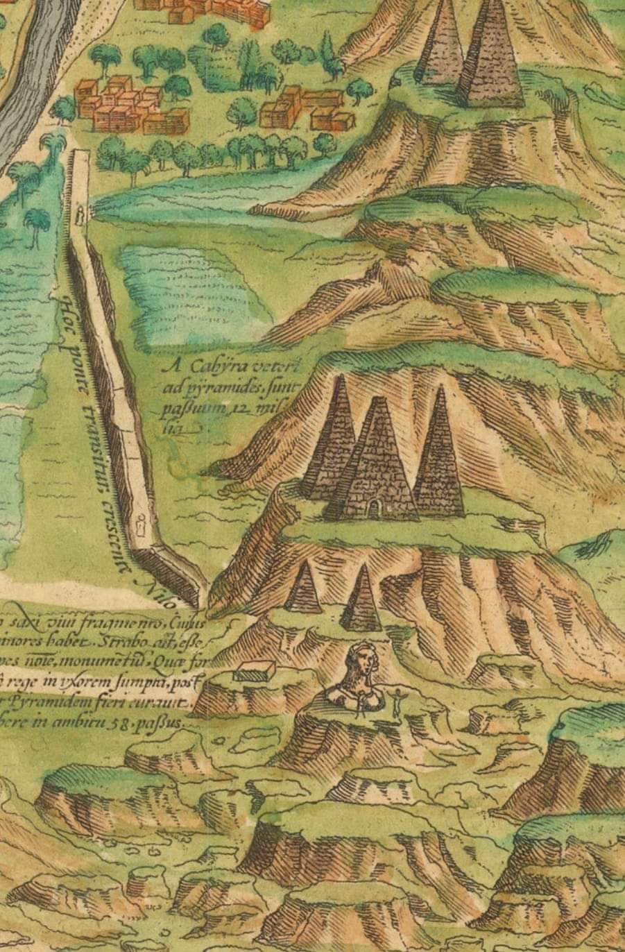 Mapa Káhiry, 1572 (Map of Cairo, 1572) – Pyramidy postavené na „pařezech“.
